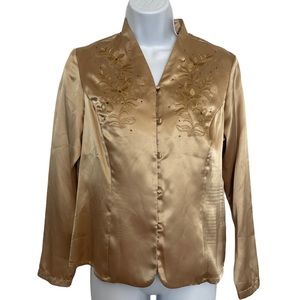 Laura Scott gold button down embroidered womens blouse